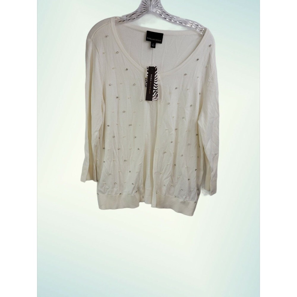 DANA BUCHMAN Cardigan Button Grand Finale Vanilla Ice Rhinestones Pearls‎